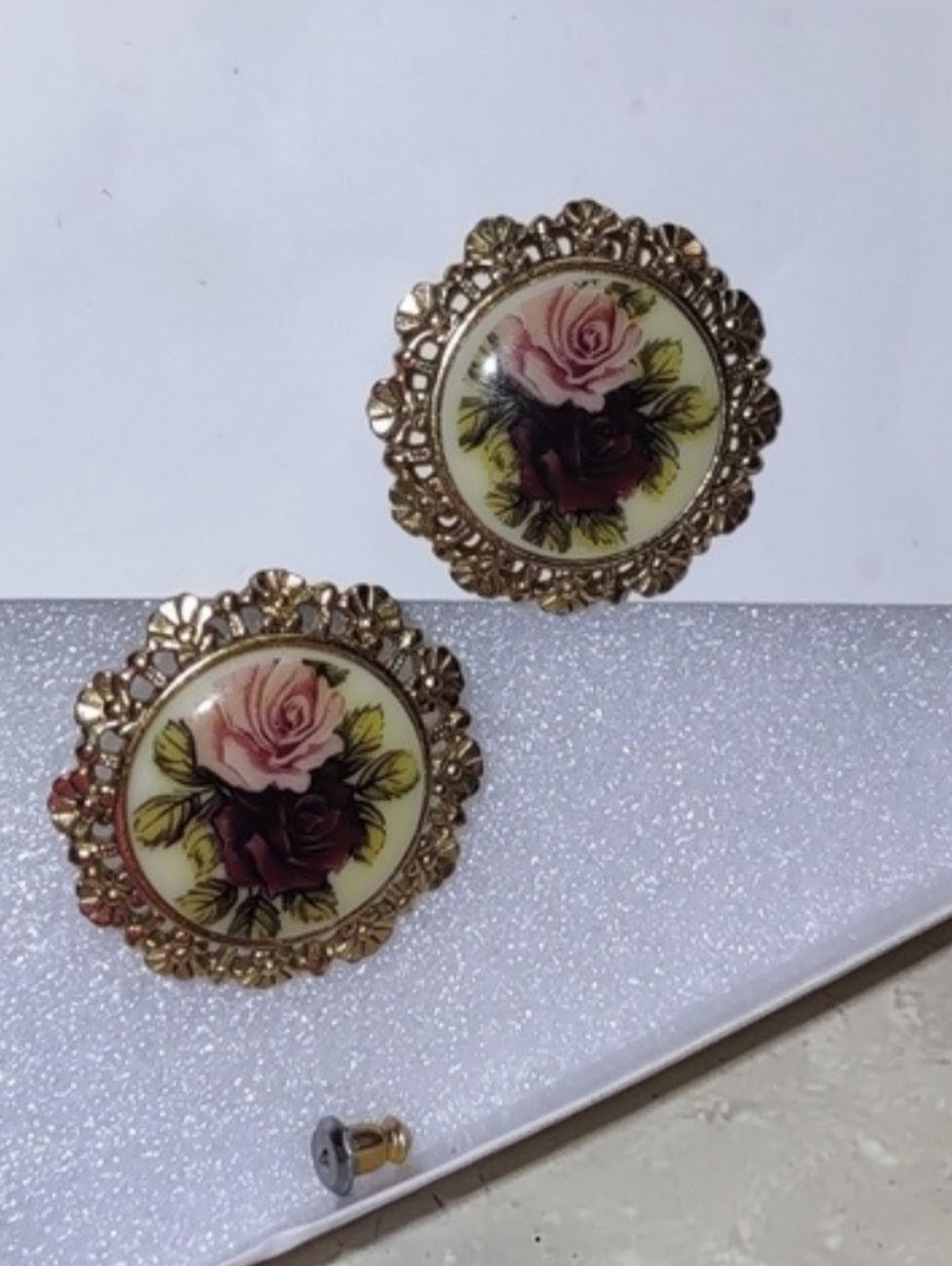 1928 Earrings Purple and Pink Rose Flowers